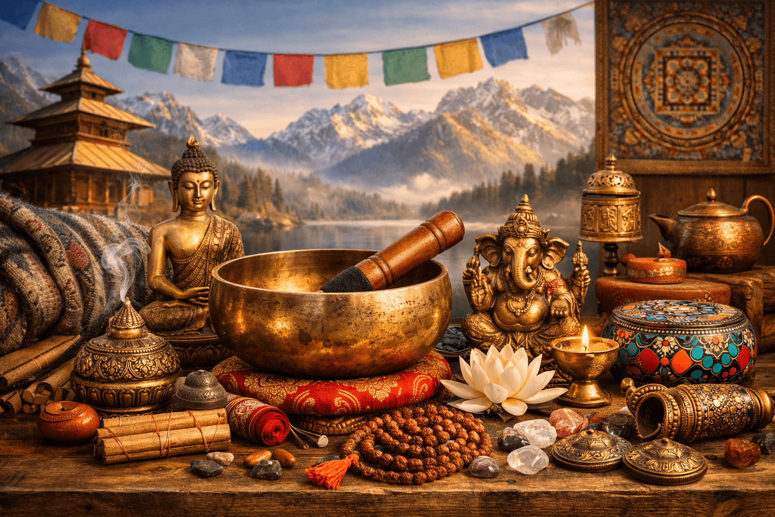 Handcrafted Himalayan singing bowl on a stone surface