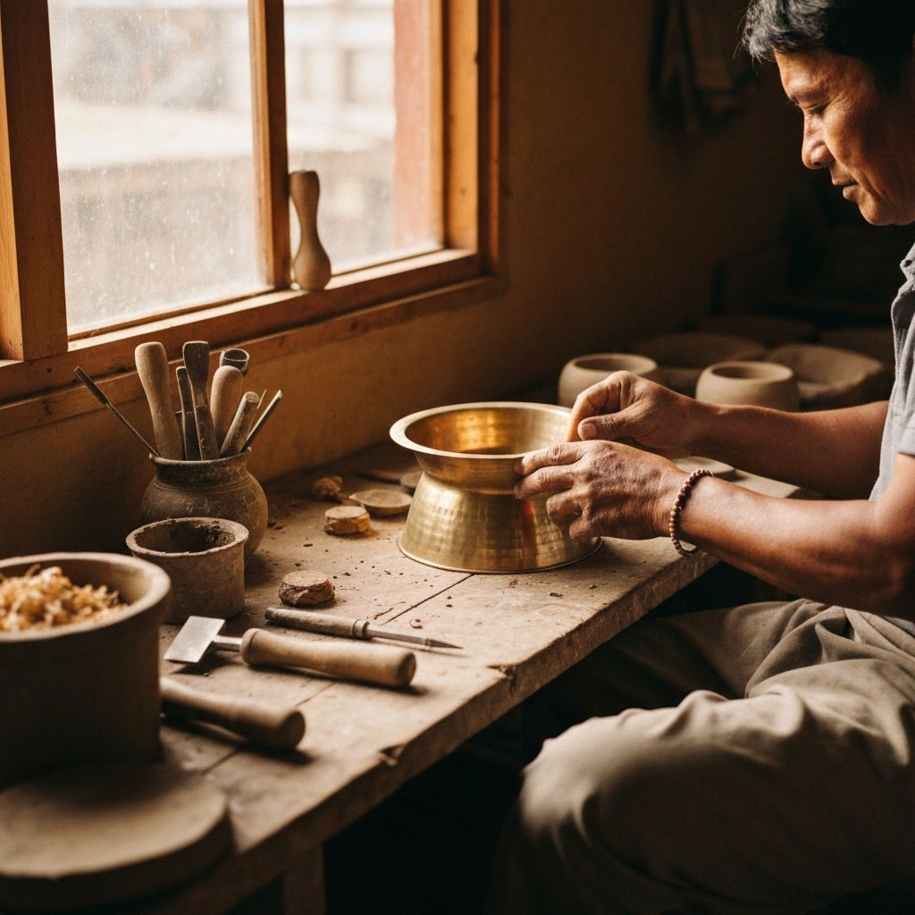 An artisan shaping brass in a Himalayan workshop