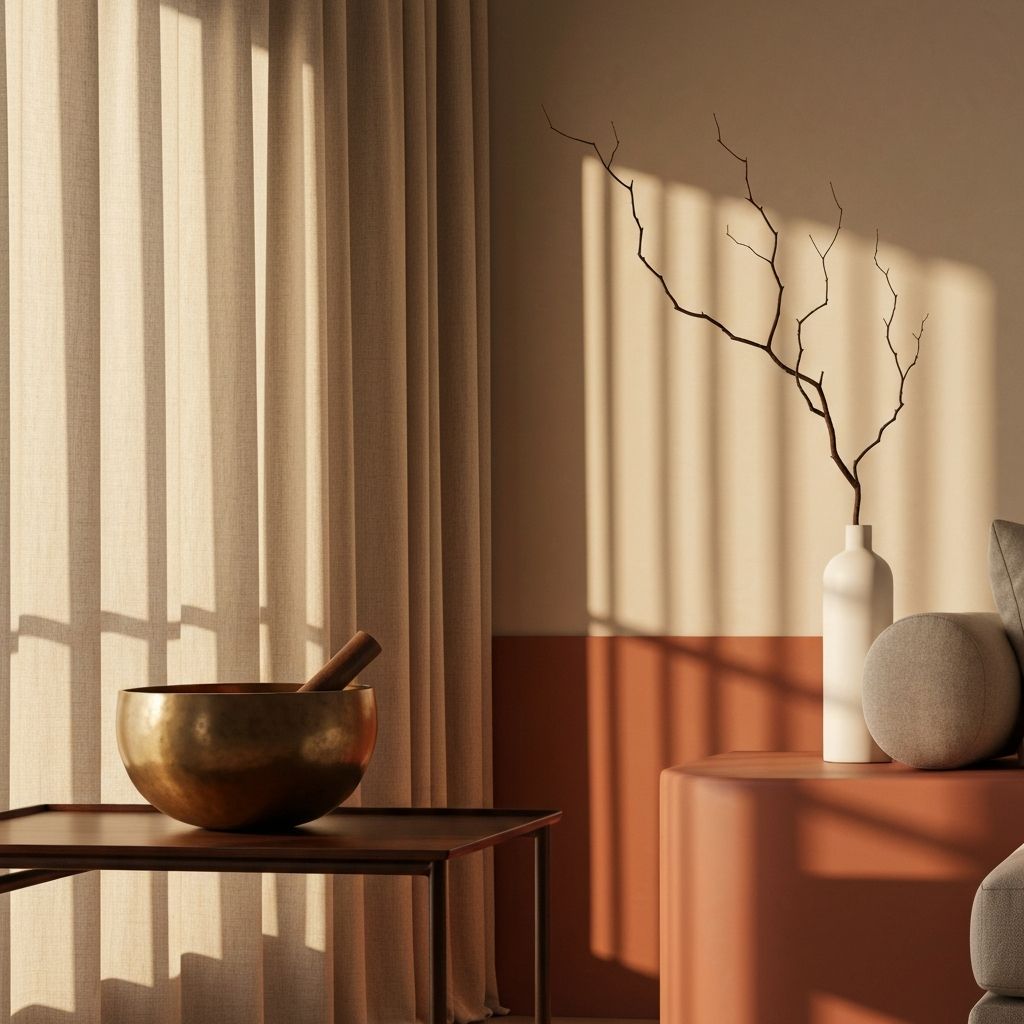 Brass singing bowl displayed in a modern minimalist living room