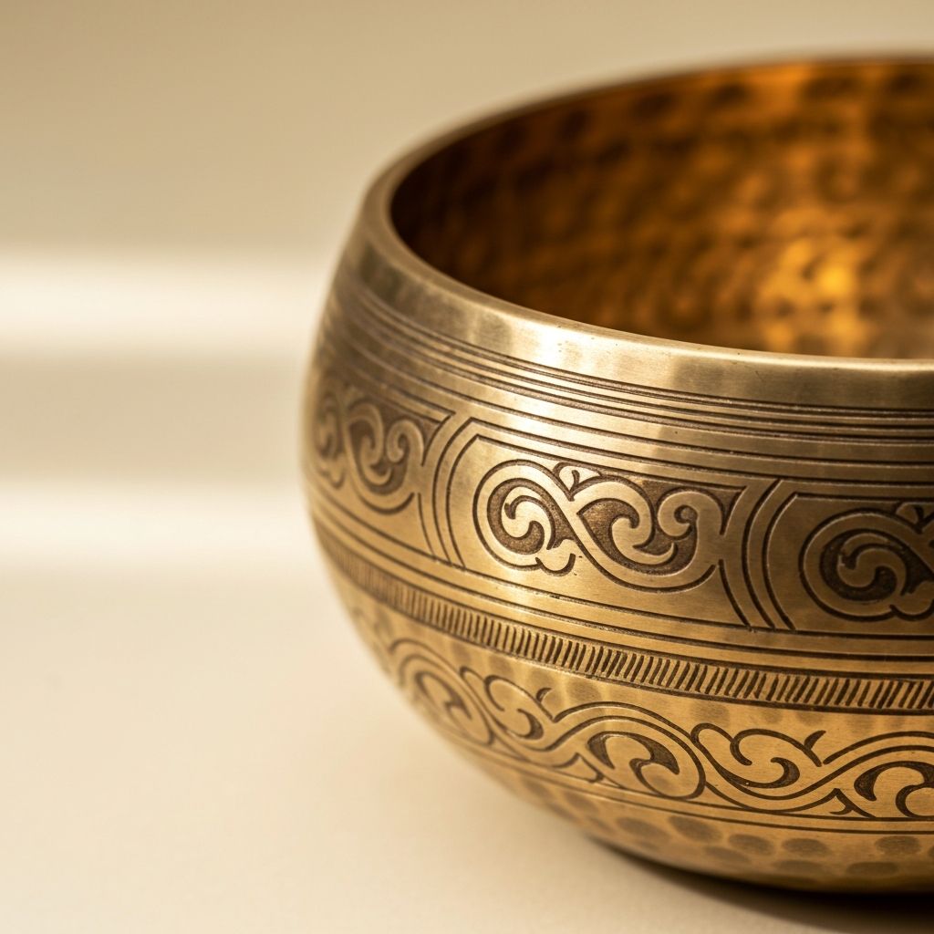 Close-up of engraved details on the singing bowl