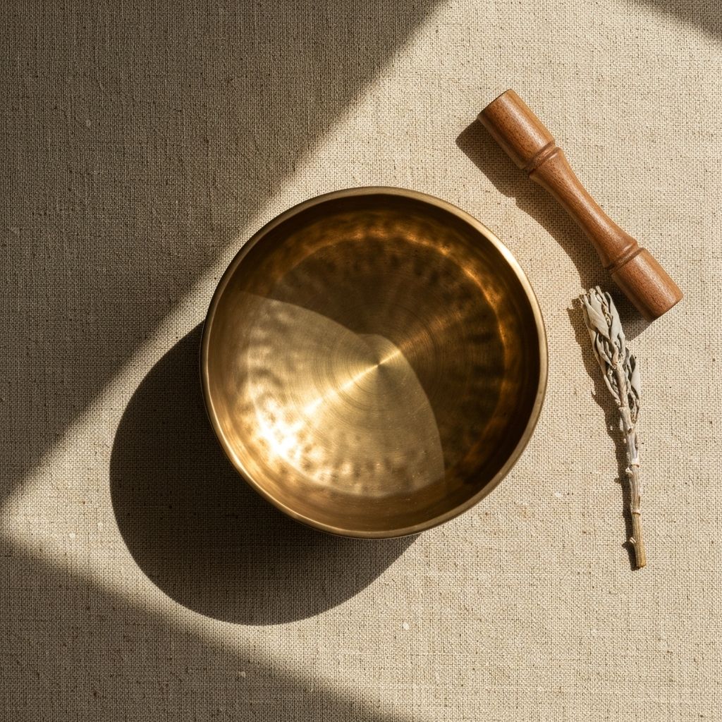 Top view of singing bowl with mallet and dried sage
