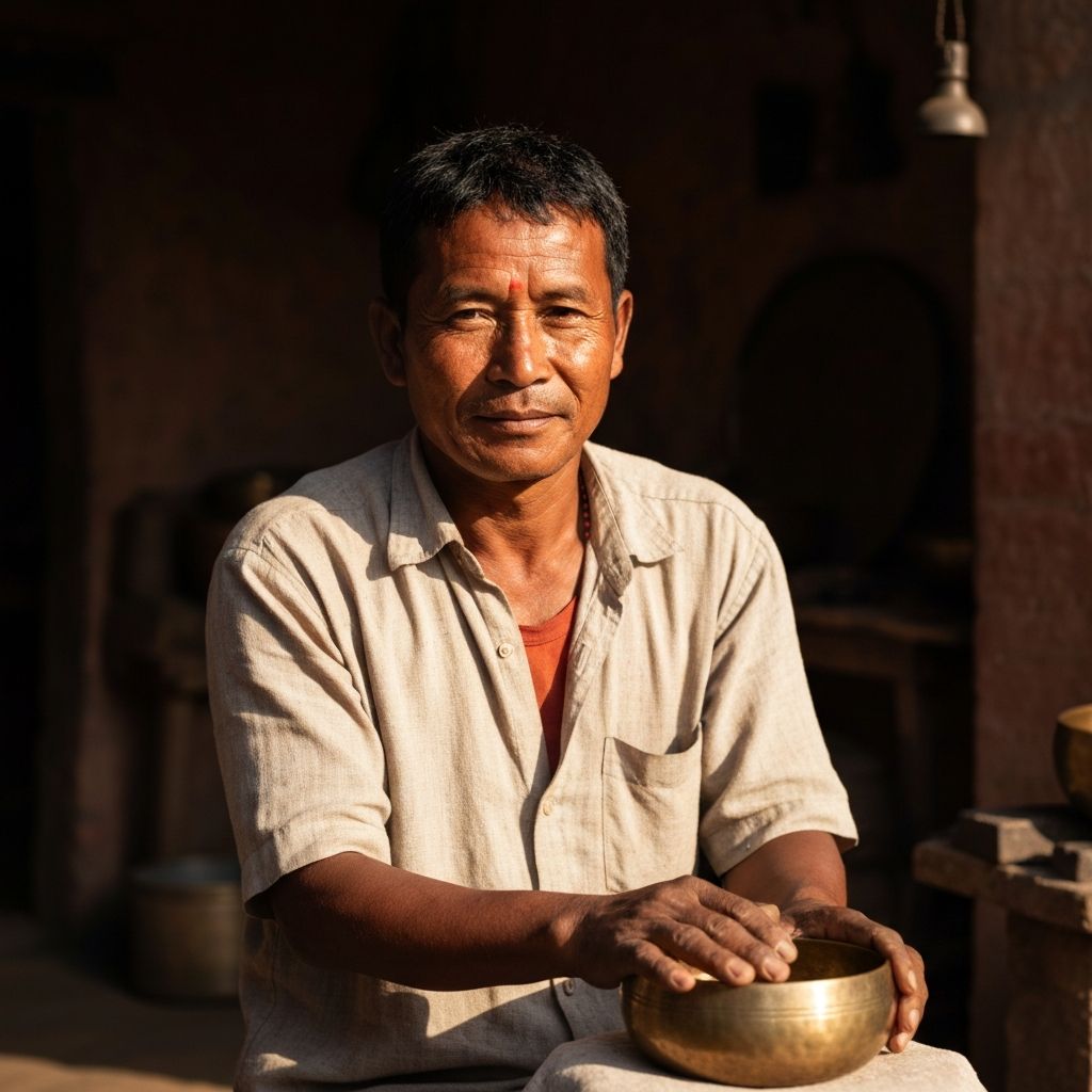 A Nepalese metalworker in his Patan workshop, hands resting on a brass singing bowl in progress