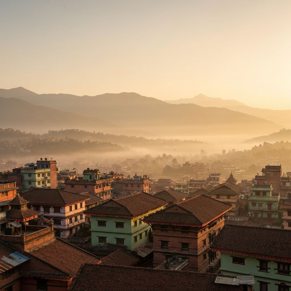 The Kathmandu Valley at dawn, mist rising over Newari rooftops