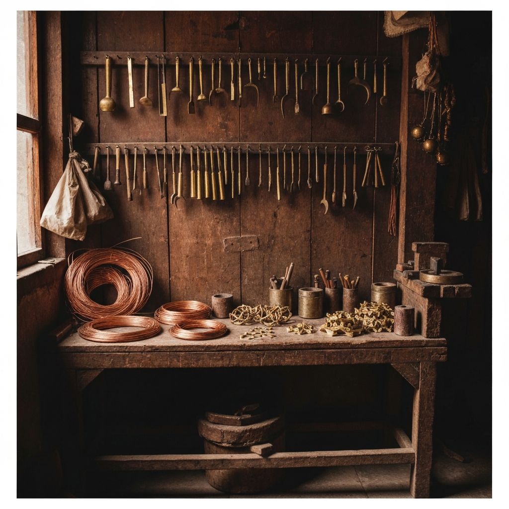 Brass and copper tools hanging in a Himalayan artisan workshop